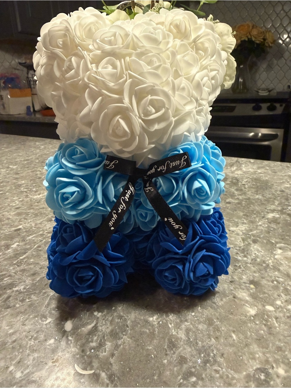 Rose Bear Sculpture in White and Blue